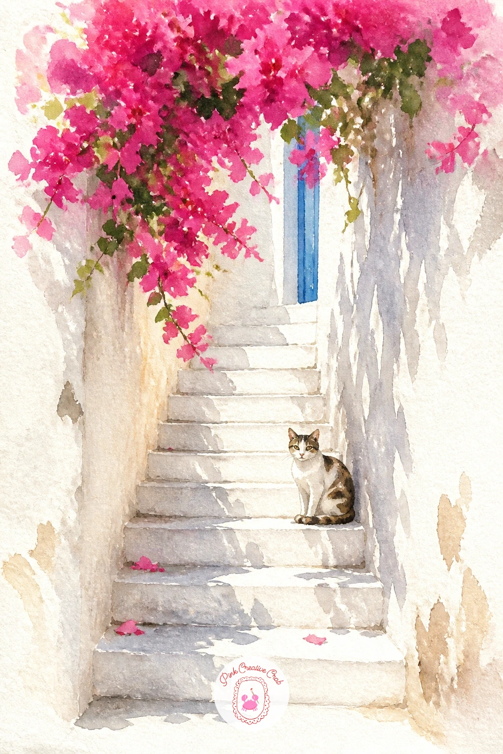 White Staircase With Bougainvillea and a Cat — Following on from the domes, try a narrow white staircase climbing between two walls, with bougainvillea
