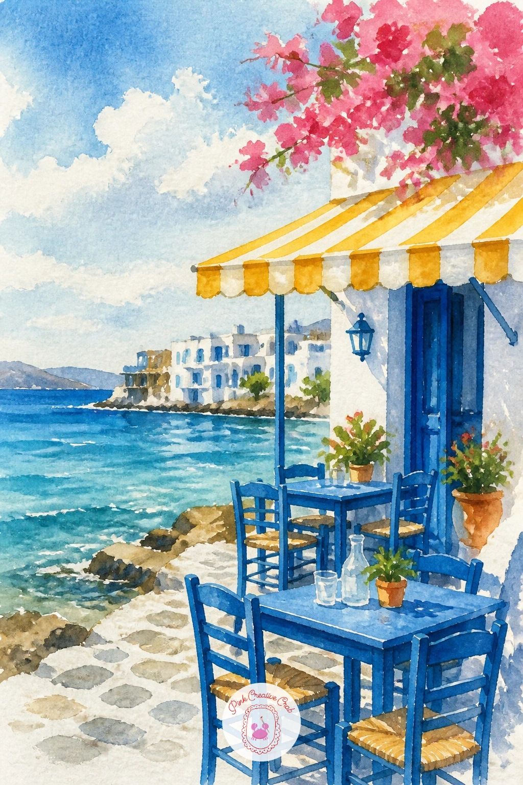 Greek Taverna by the Sea — Move from the stairs down to sea level for a Greek taverna, blue tables and chairs set right at the water's edge under a simple