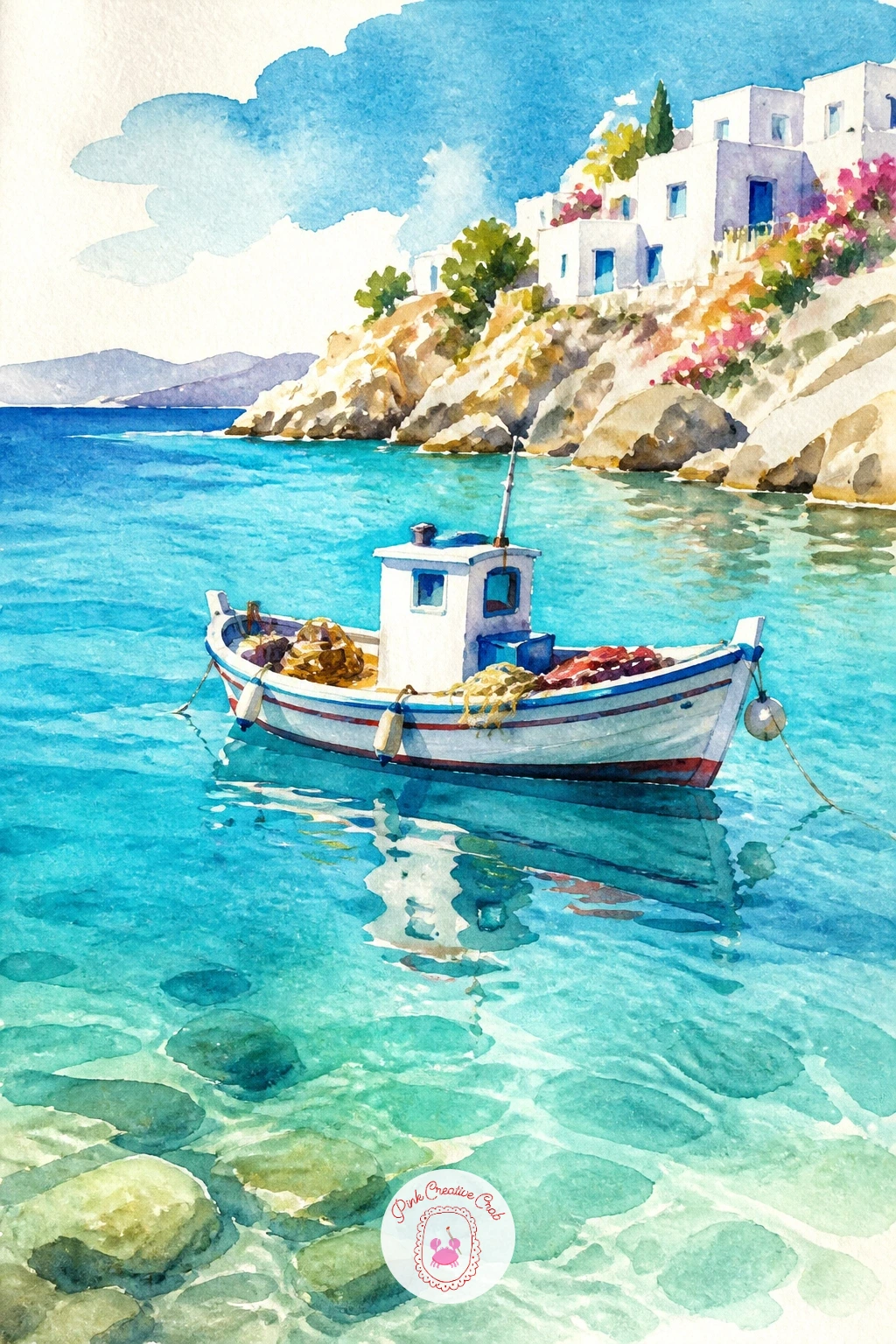 Fishing Boat in a Turquoise Bay — Give yourself a break from buildings and paint a single fishing boat floating in a turquoise bay. Watercolor scenery