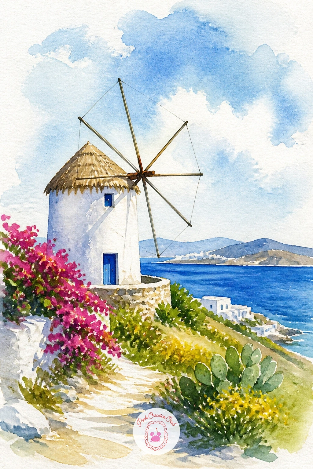 Windmill on Mykonos — Carry the breeze from that bay up onto a hillside for a windmill on Mykonos, the round white tower with its thatched cone roof and long