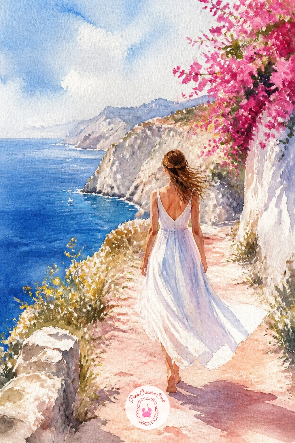 Woman in a White Dress on a Cliff Path — Bring a person into the landscape with a woman in a white dress walking a cliff path above the sea, seen from behind
