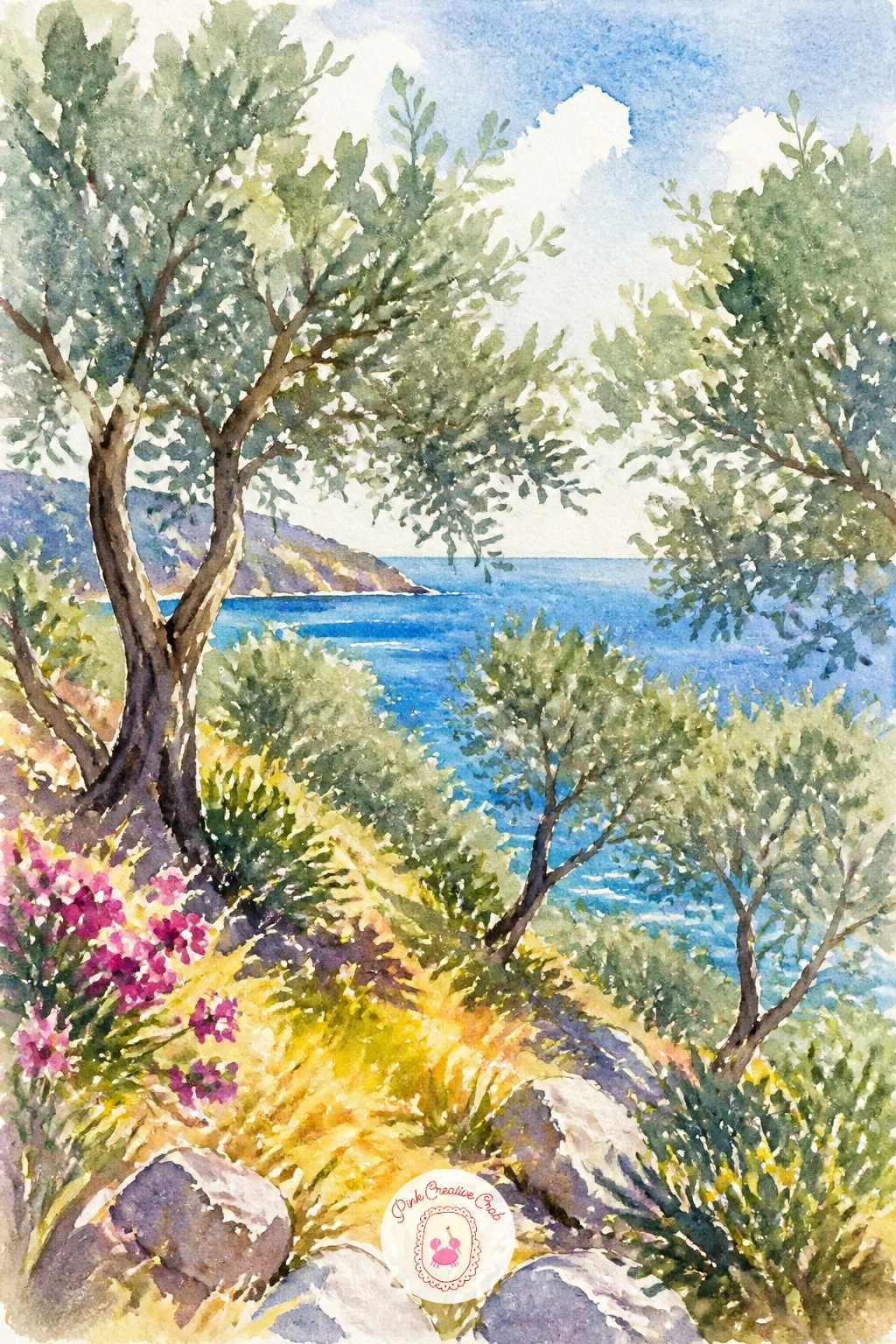 Olive Grove Above the Sea — After a figure, settle into something quieter: an olive grove on a slope with the sea glinting below through the trees. Watercolor