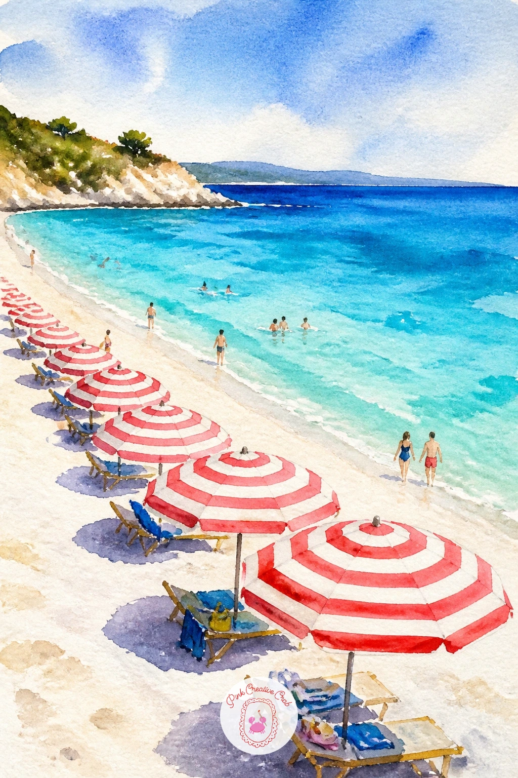 Beach With Striped Umbrellas — Head down to the sand for a beach scene built around a row of striped umbrellas standing in warm sunlight. Watercolor scenery