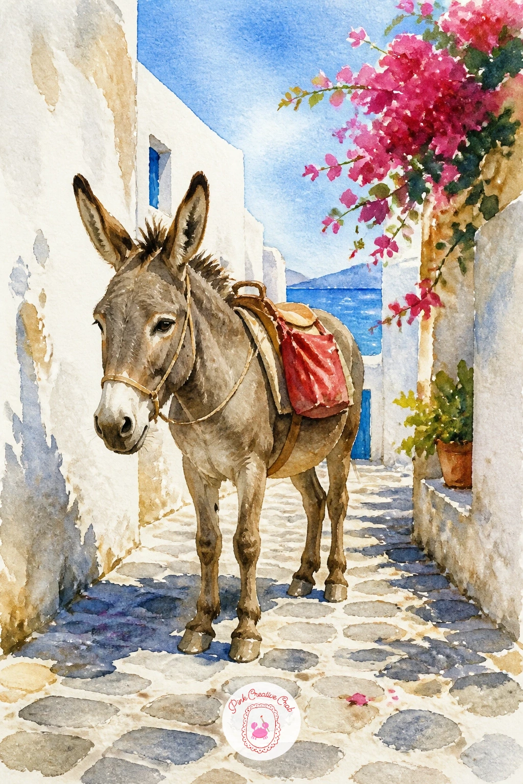 Donkey on a Cobbled Lane — Give the scene a character on four legs with a donkey standing on a cobbled lane between whitewashed walls. Watercolor scenery