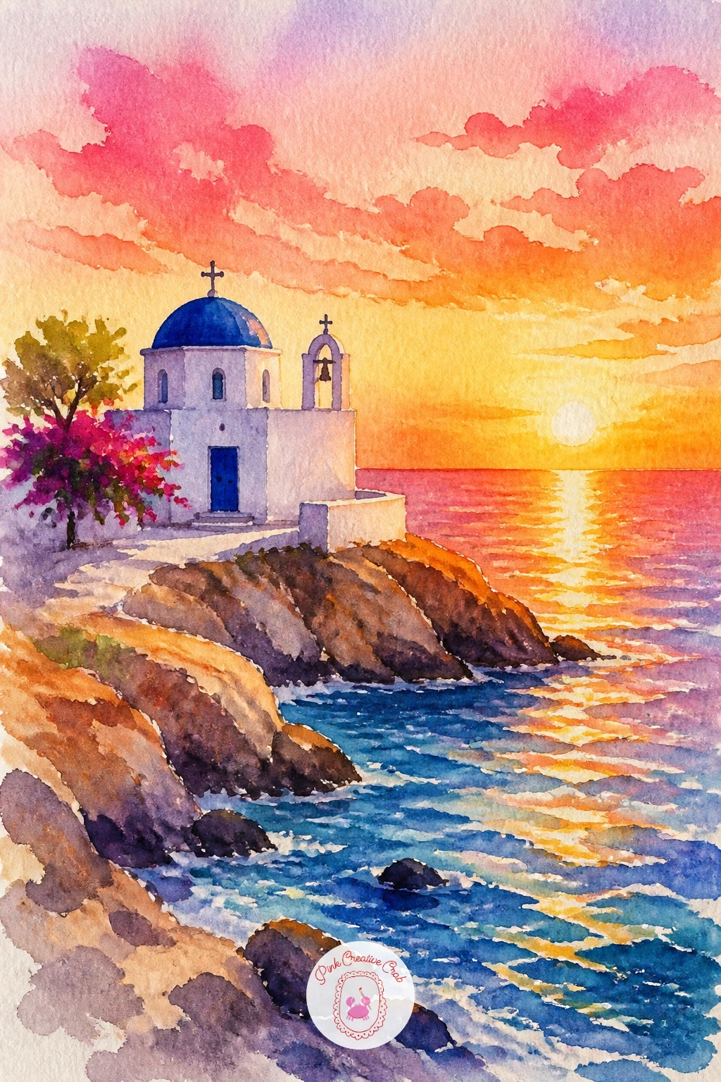Seaside Chapel at Sunset — Carry the warm light from that lane into a seaside chapel at sunset, its small white dome catching the last orange glow against a