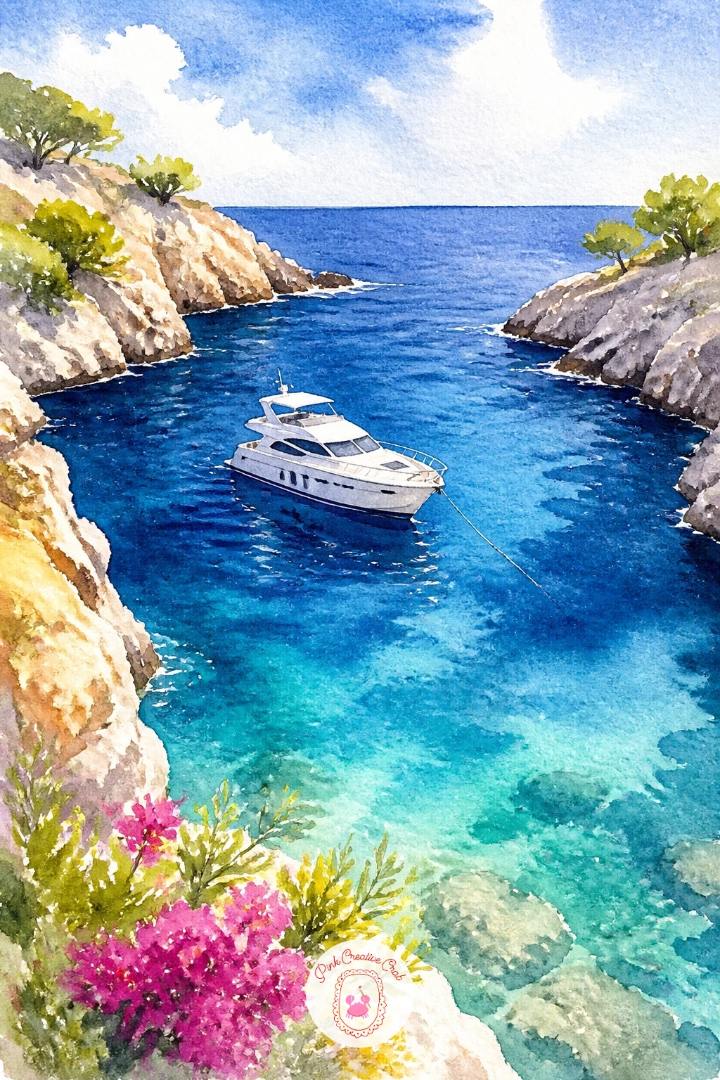Yacht in a Quiet Cove — Settle the energy down with a single yacht anchored in a quiet cove, its white sail or hull resting against deep green-blue water.