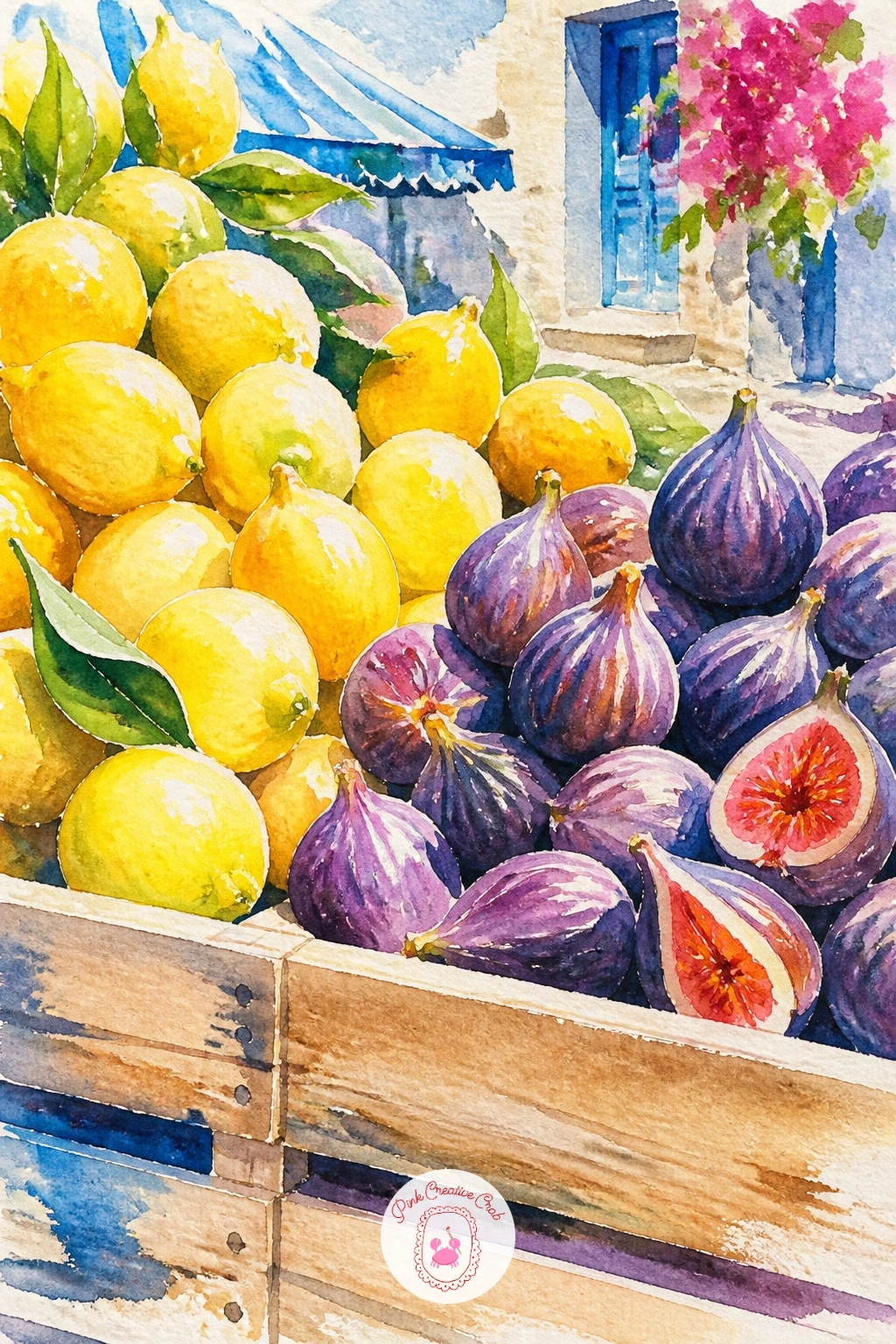 Market With Lemons and Figs — Step inland for a market stall piled with lemons and figs, a burst of yellow and purple against a shaded awning. Watercolor