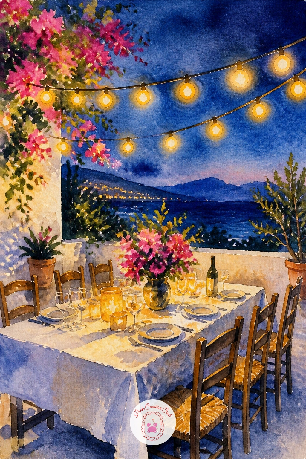 Outdoor Dinner Under String Lights — Move into evening with an outdoor dinner table strung with lights, plates and glasses glowing warm against a deepening