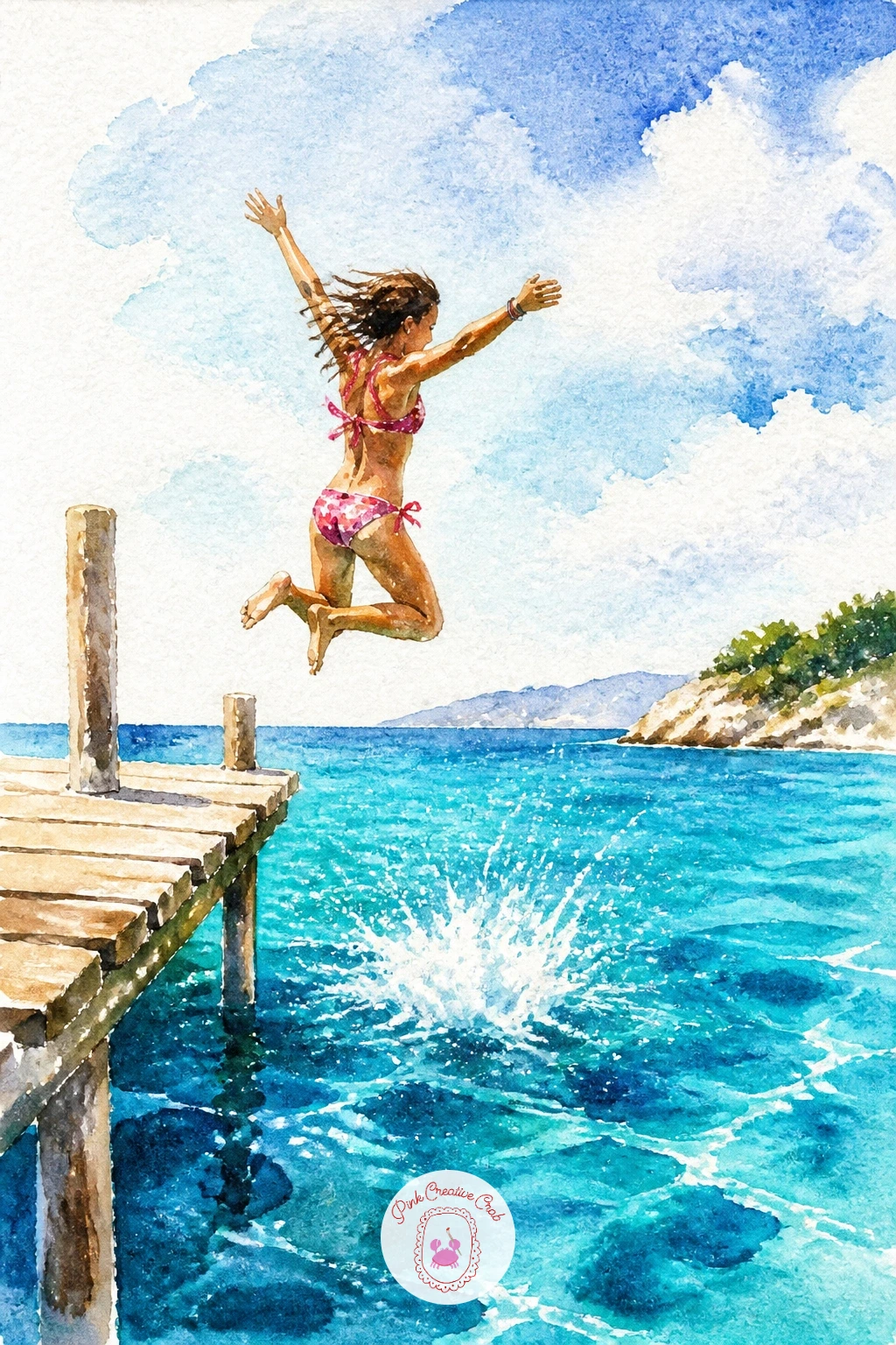 Girl Jumping Off a Pier — Add some motion with a girl mid-jump off a wooden pier, caught in the air above bright blue water. Watercolor scenery