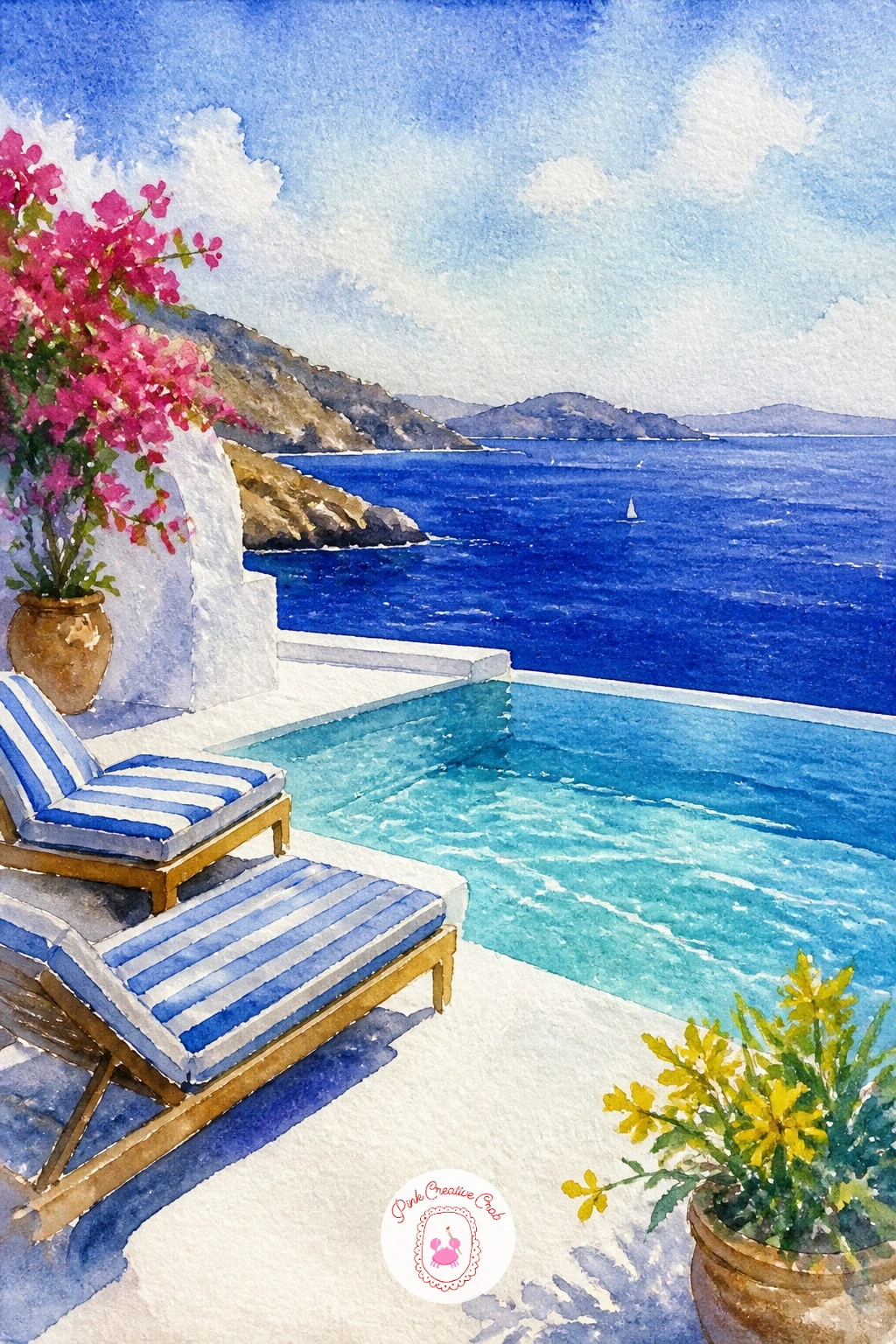 Terrace With a Pool Overlooking the Sea — Return to warmth with a terrace and infinity pool overlooking the sea, the two blues blending almost into one