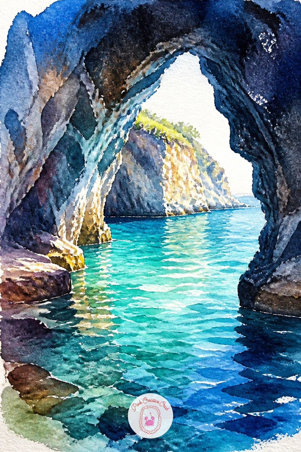 Sea Cave With Clear Water — Cool back down with a sea cave, its rock ceiling framing a glimpse of impossibly clear turquoise water below. Watercolor scenery