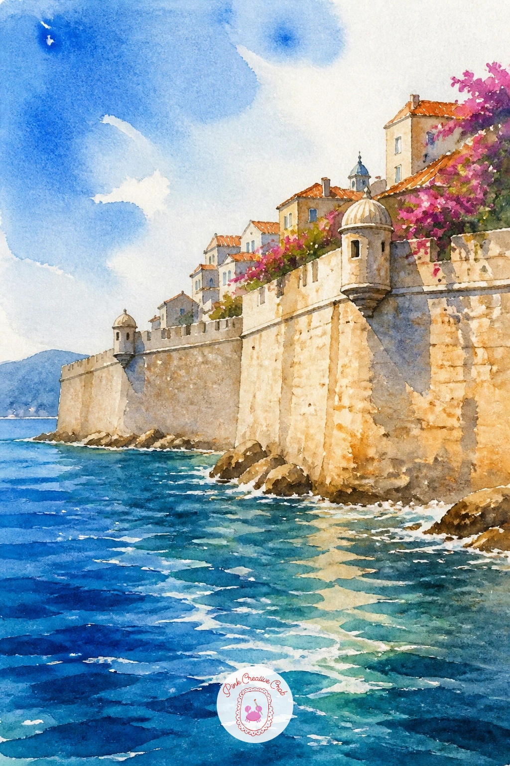Croatian Old Town Wall by the Sea — Widen the view for a Croatian old town wall rising straight from the sea, stone ramparts catching warm afternoon light.