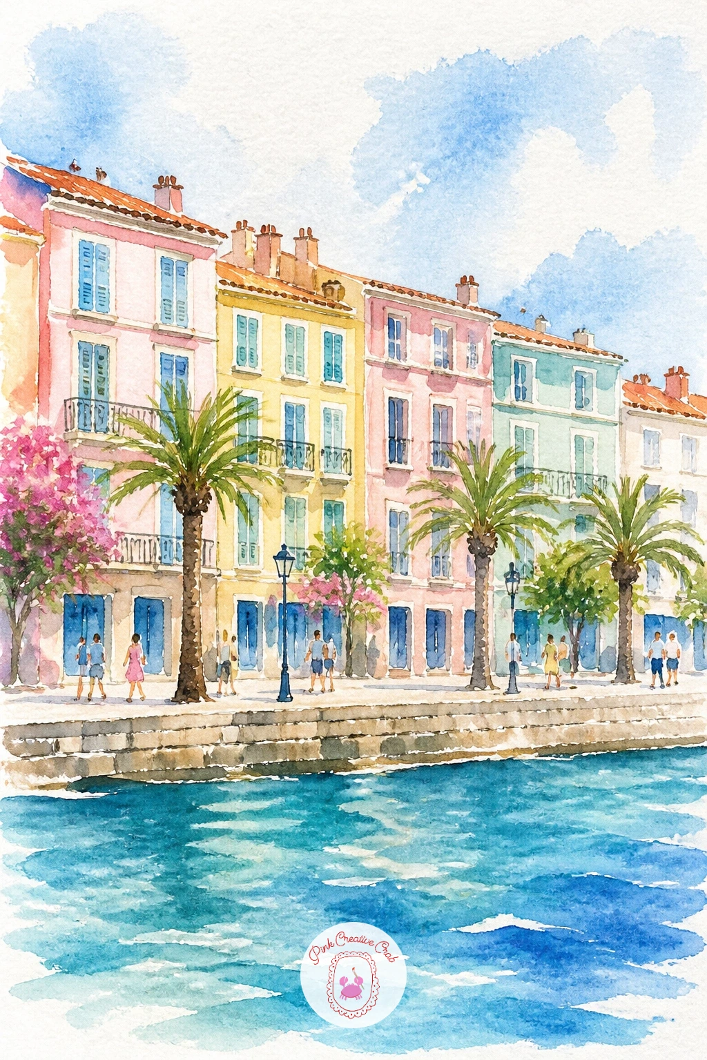 Cote d'Azur Promenade — Bring people and pastel buildings into view with a Cote d'Azur promenade, a row of candy-colored facades along a palm-lined seafront.