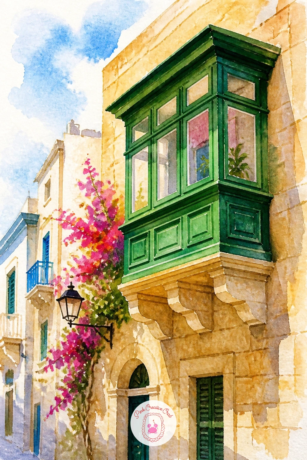 Maltese Balcony Street — Zoom into one striking detail from that village with a Maltese balcony street, the enclosed wooden balconies painted in bold colors
