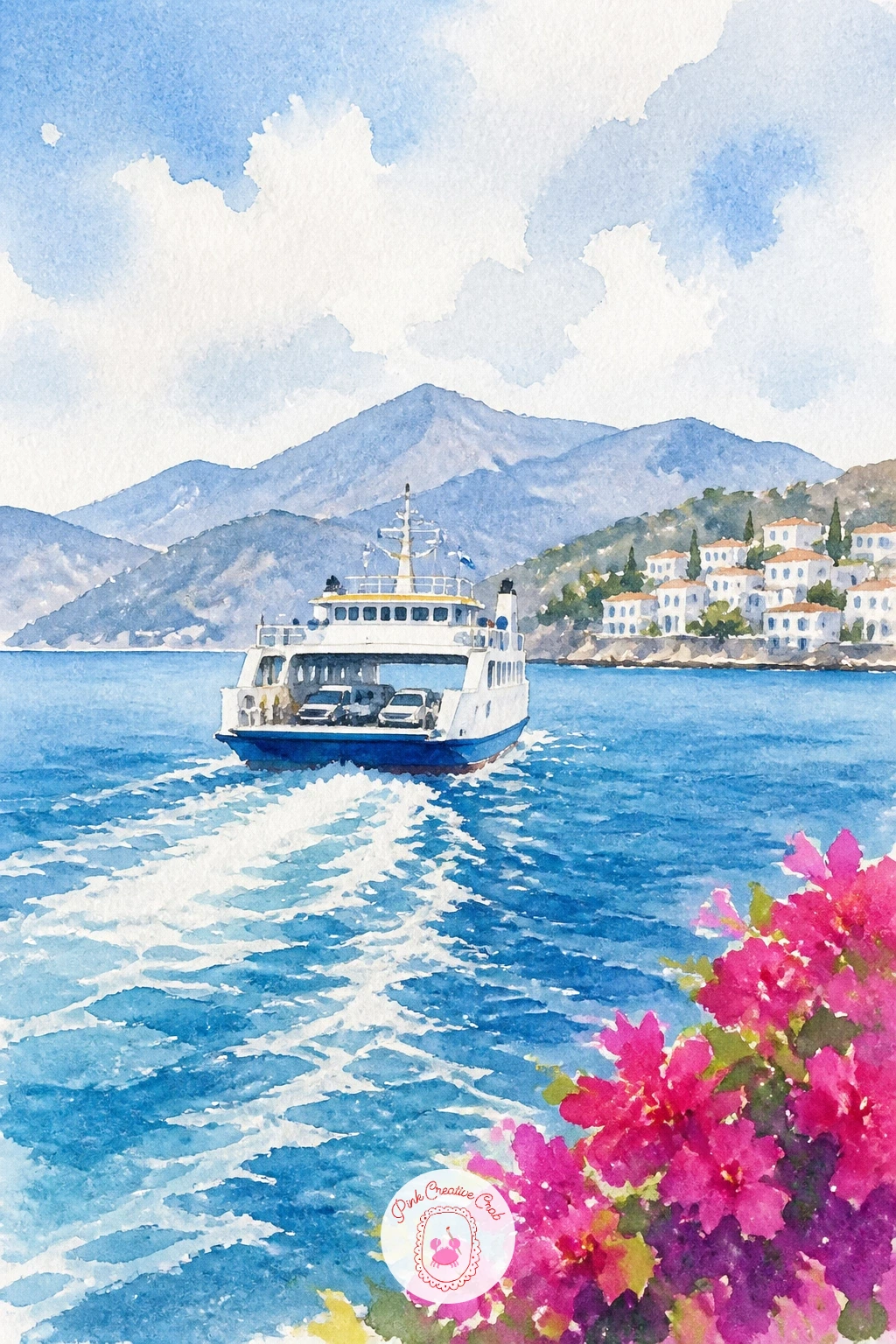 Ferry Arriving at an Island — Pick the pace back up with a ferry arriving at an island, its white hull cutting through blue water toward a cluster of waiting
