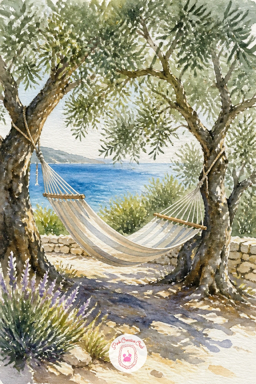 Hammock Between Olive Trees — Slow right down with a hammock strung between two olive trees, a quiet patch of shade with the sea just visible beyond.