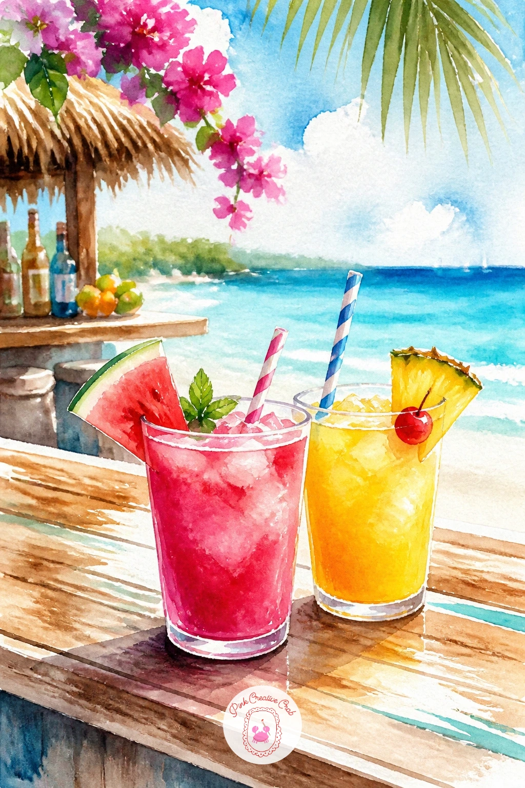 Beach Bar With Cocktails — Bring a little celebration into the mix with a beach bar, two bright cocktails sitting on a rustic wooden counter with the sea