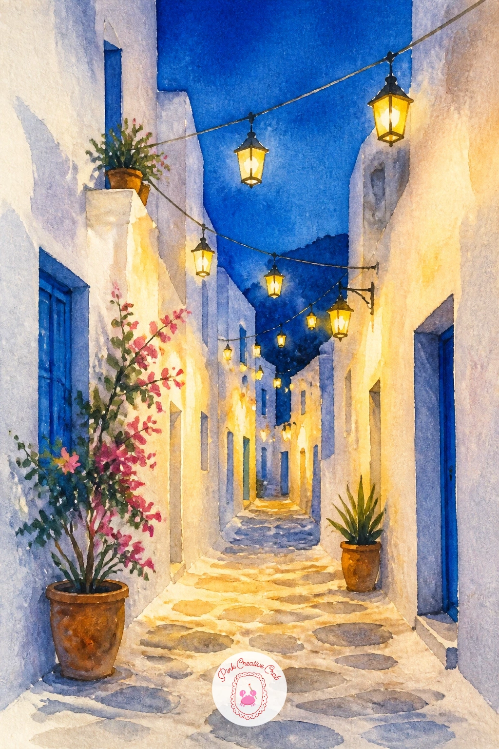Whitewashed Alley With Lanterns — Move back into the lanes for a whitewashed alley strung with small hanging lanterns, warm light glowing against cool evening