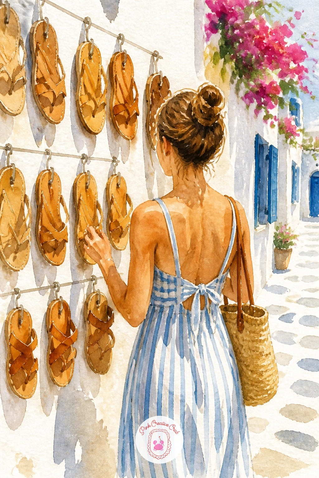 Woman Shopping for Sandals — Bring the holiday back to street level with a woman browsing a small shop display of leather sandals hanging along a sunlit wall.