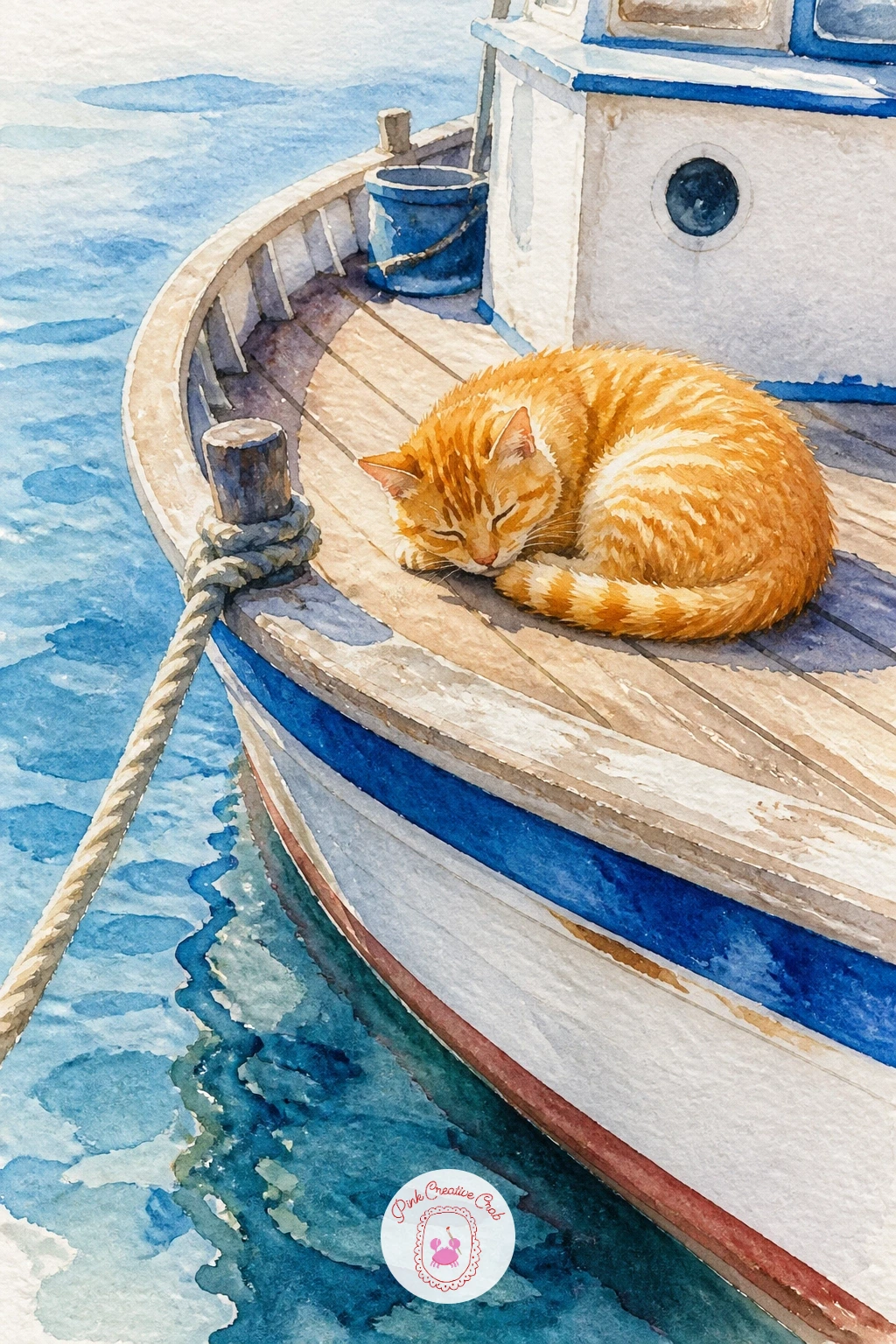 Cat Sleeping on a Boat — Ease off the drama with a small, calm cat curled up asleep on the deck of a moored boat. Watercolor scenery