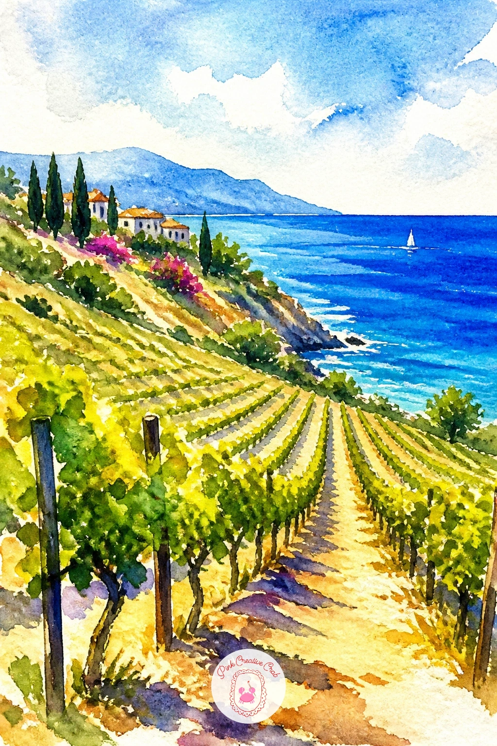 Vineyard Sloping to the Sea — Close the series with a vineyard sloping down toward the sea, rows of vines catching late sun above a strip of deep blue water.