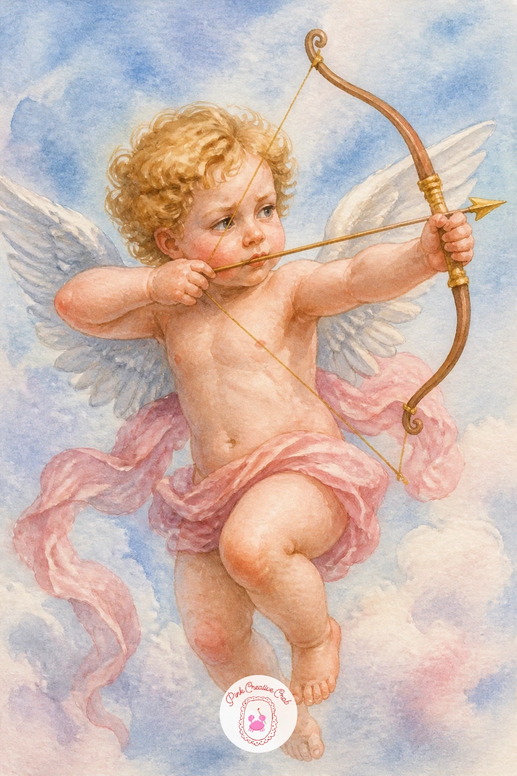 Cherub Holding a Bow and Arrow — Following on from a sleeping cherub, give the next one some mischief: a small cherub mid-draw, bow bent, arrow nocked and