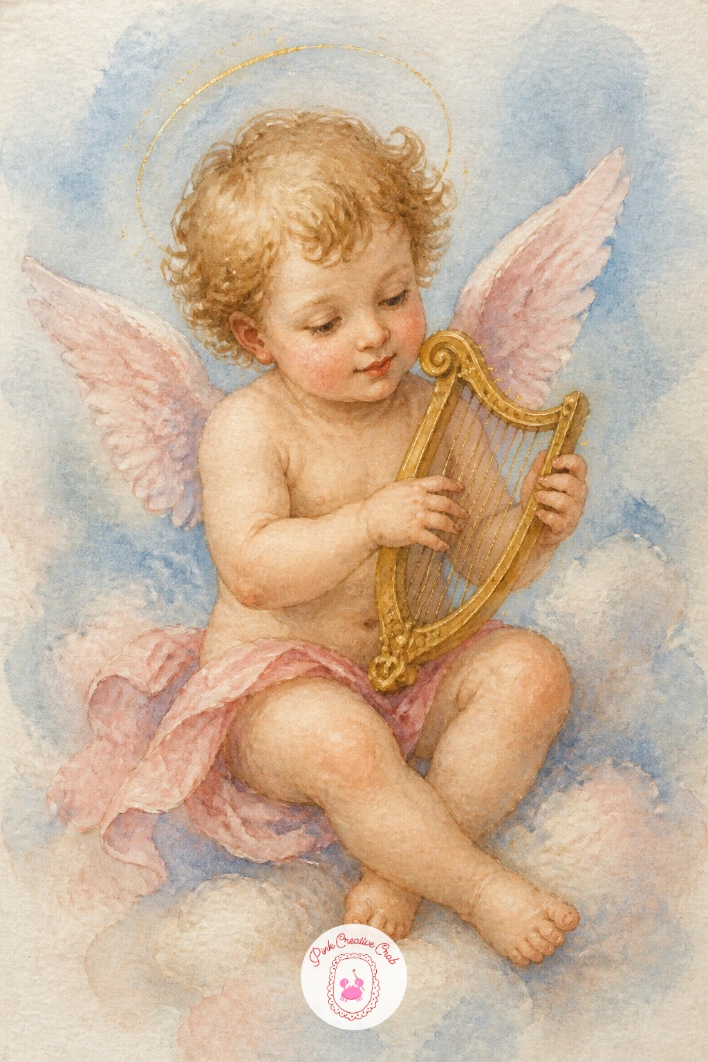 Cherub Playing a Tiny Harp — Move from ribbons to music with a cherub cradling a small harp against one shoulder, fingers resting on the strings. Watercolor