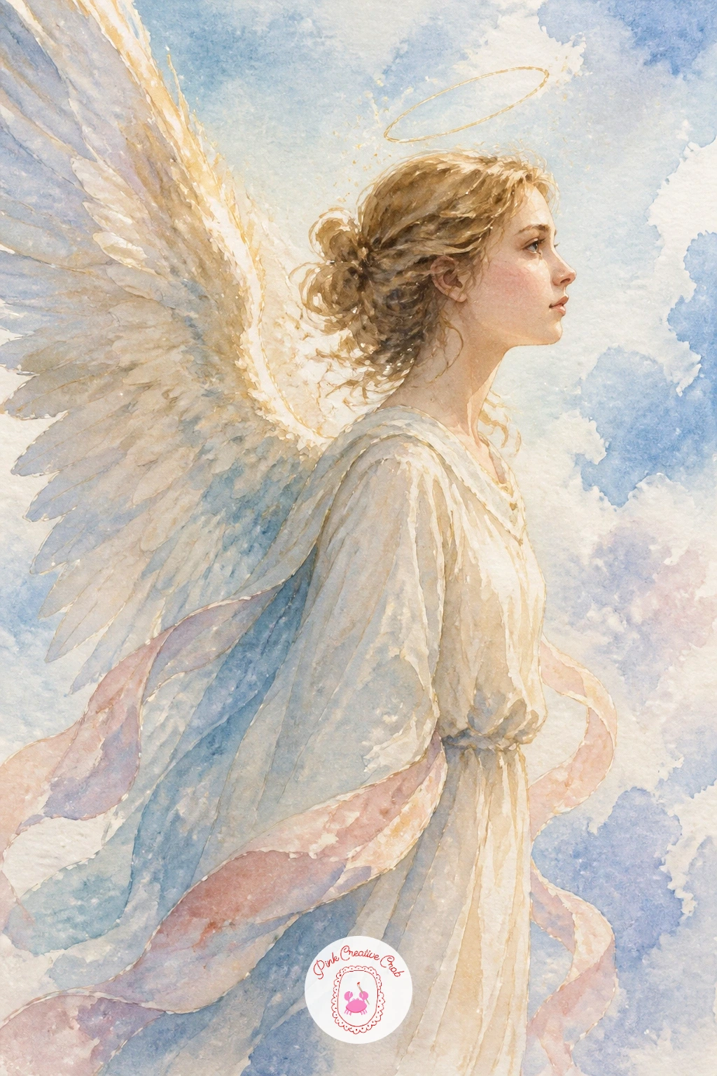 Angel with Feathered Wings in Profile — Step up from cherub scenes to a full angel shown from the side, wings fully spread and feathered in careful layers.