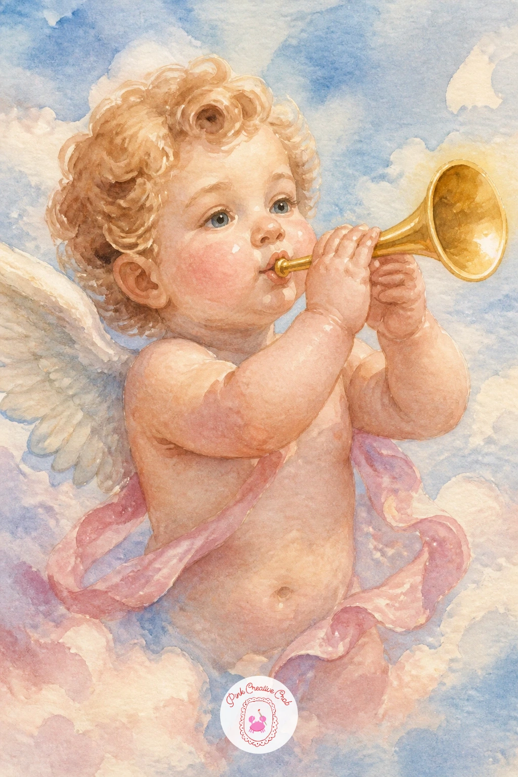 Cherub Blowing a Trumpet — Bring the energy back up after the quiet profile angel with a cherub cheeks puffed out, blowing a small golden trumpet. Watercolor
