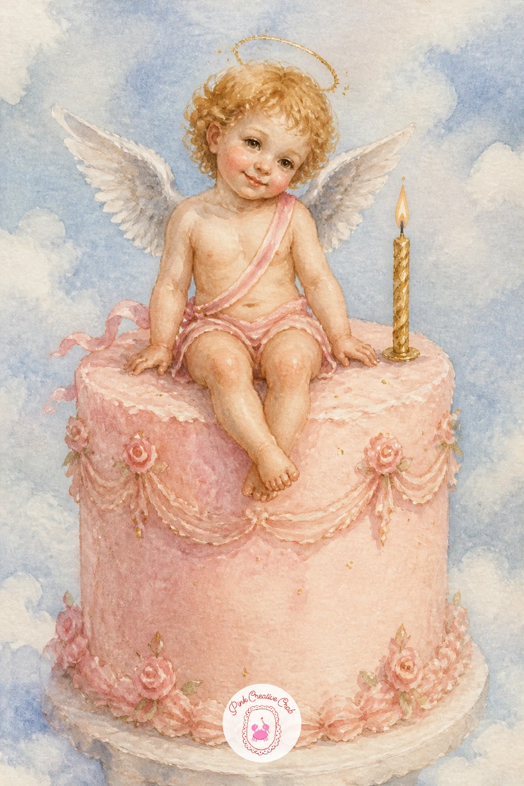 Cherub on a Cake — Carry that celebratory mood into a scene that suits a birthday or anniversary card: a tiny cherub perched on top of a frosted cake, legs