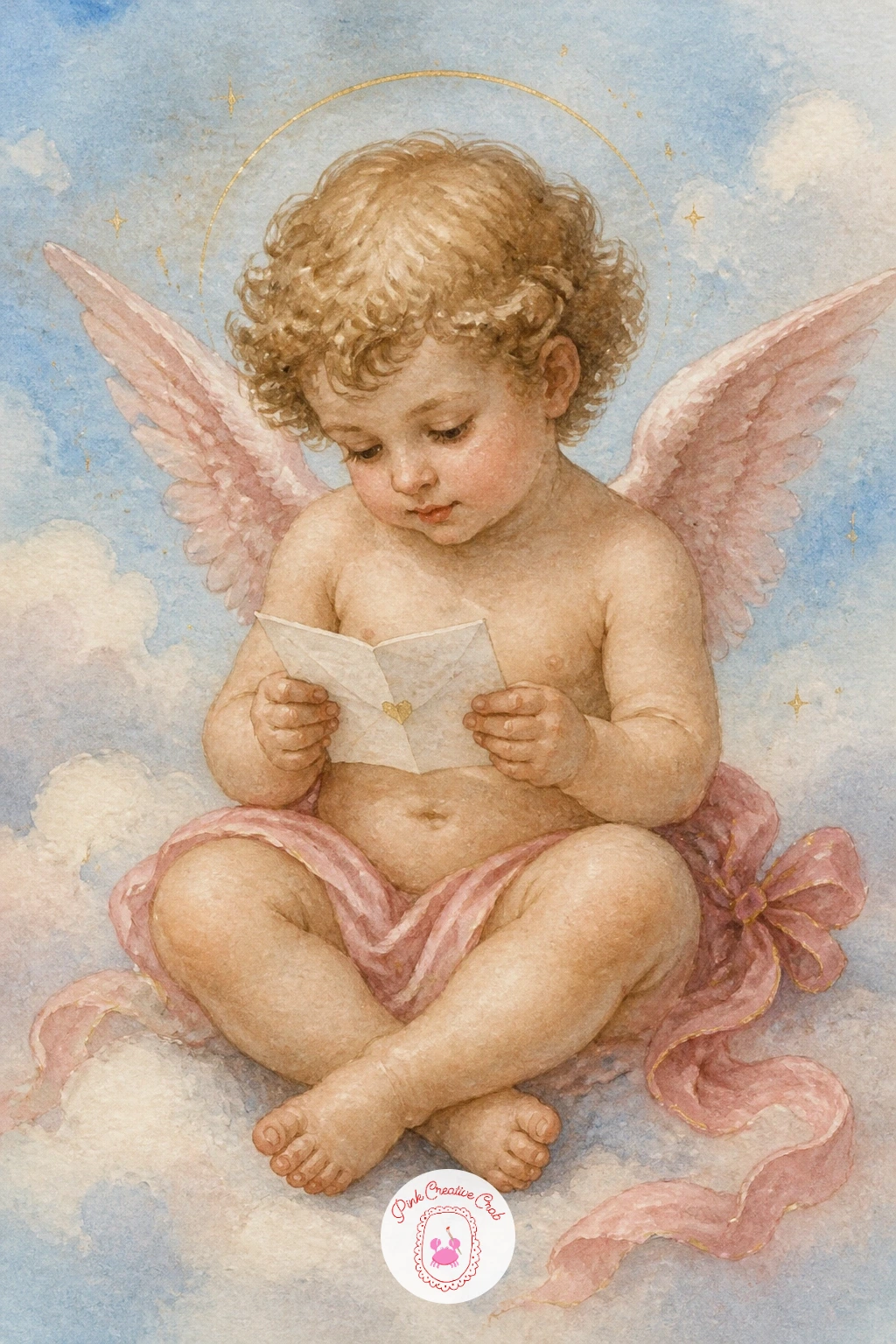 Cherub Reading a Love Letter — Slow back down with a quieter scene: a cherub seated cross-legged, holding a folded letter up to read, wings relaxed behind.