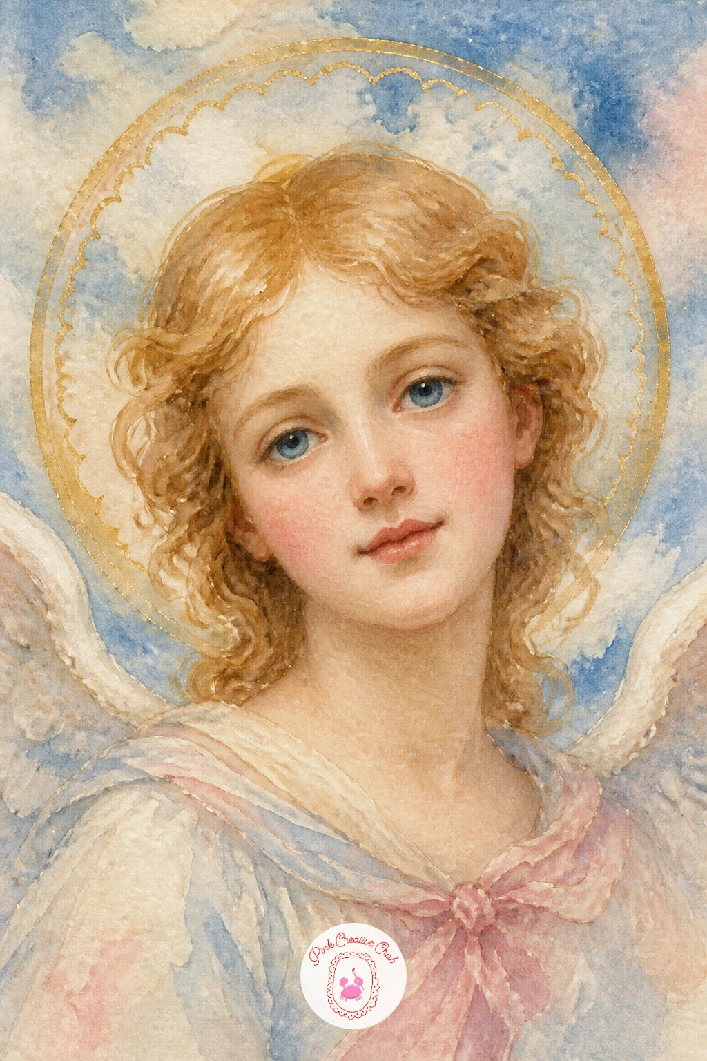 Angel in a Golden Halo — Bring the gold element forward as the main subject now: an angel's face framed by a full round halo, painted almost like a portrait.