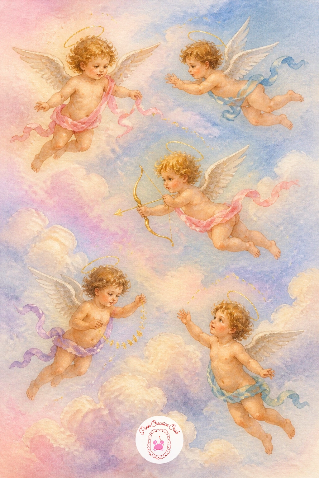 Cherubs in a Pastel Sky — Widen the view after that close portrait into a full sky scene scattered with several small cherubs drifting among soft clouds.