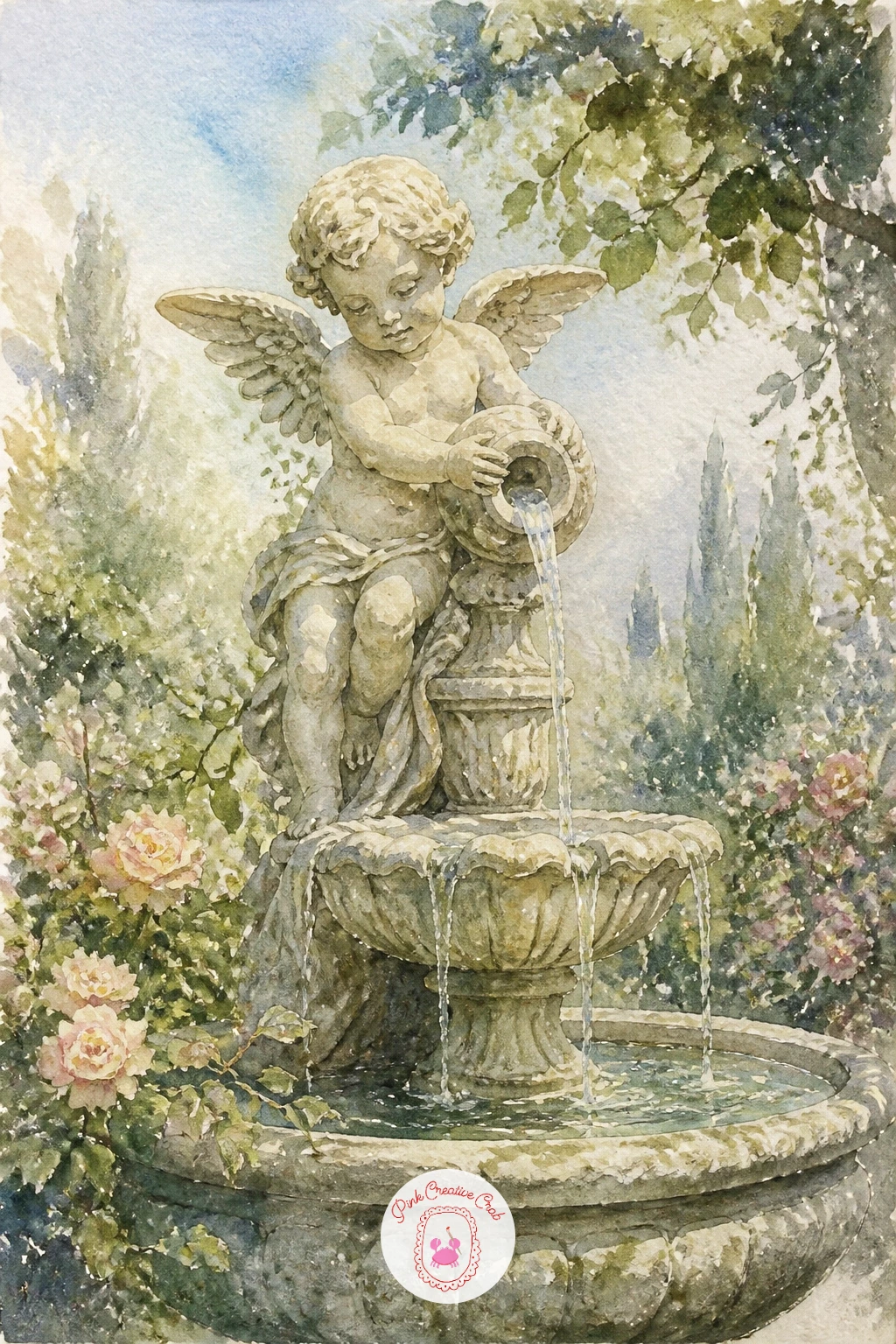 Cherub Fountain in a Garden — Move outdoors for the next scene: a stone cherub fountain standing in a garden, water trickling from a small urn it holds.
