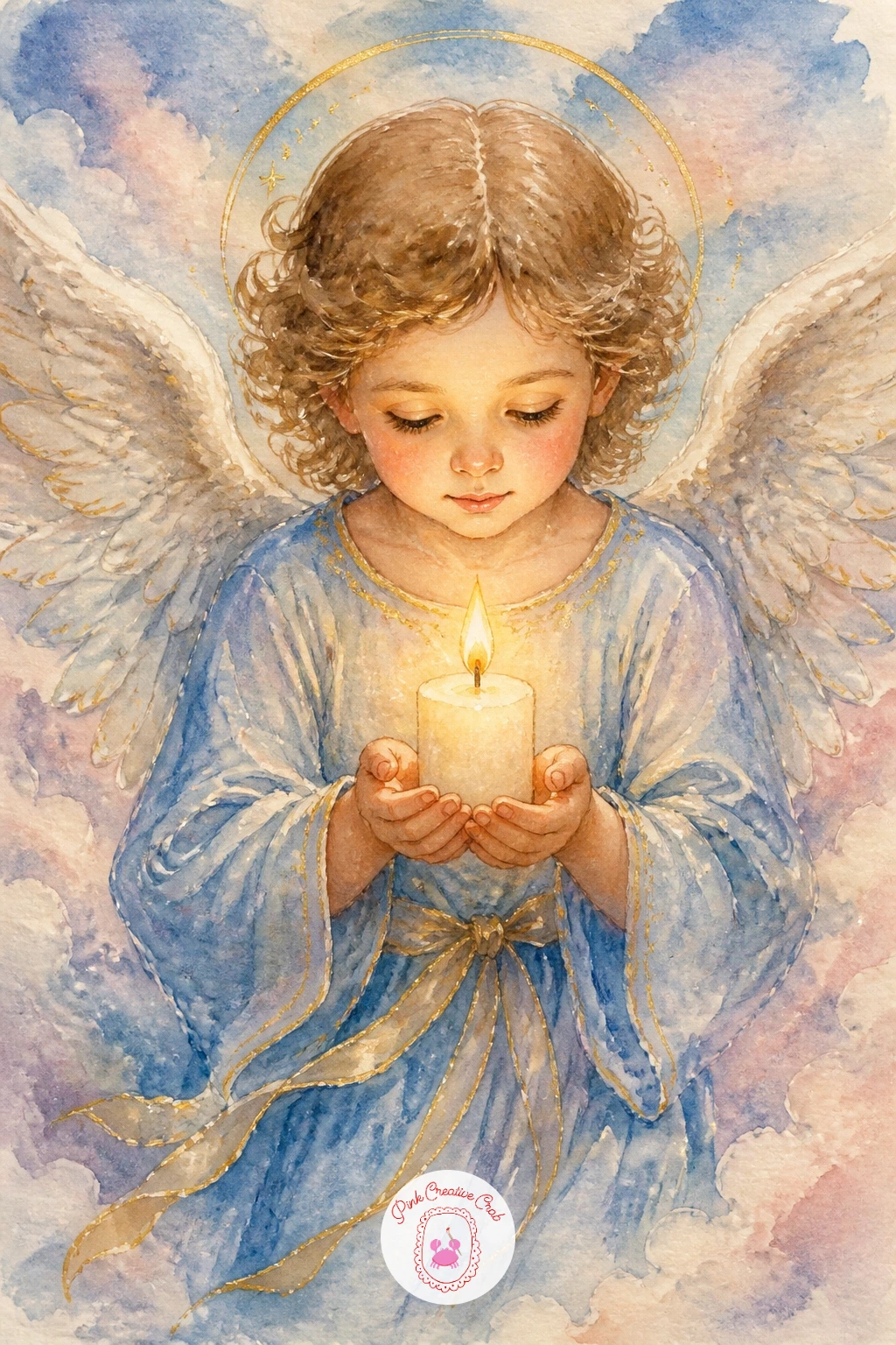 Angel with a Candle — Shift the whole mood toward warm lamplight with an angel cupping a single lit candle in both hands. Watercolor angel