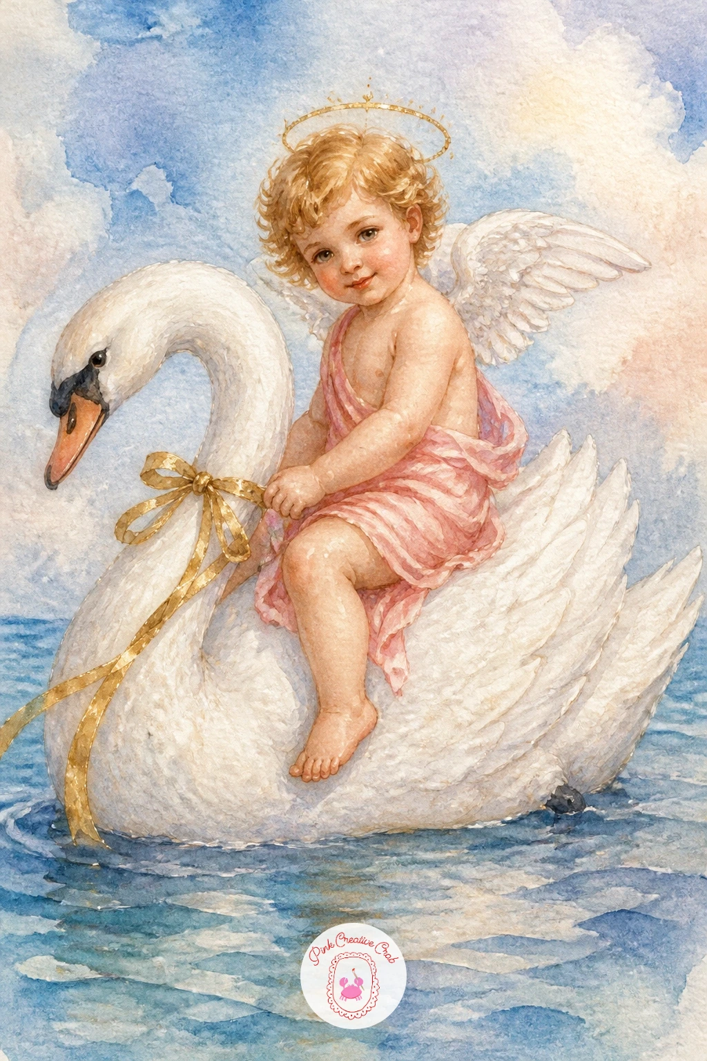 Cherub Riding a Swan — Lighten the mood again with something more whimsical: a cherub perched sidesaddle on the back of a gliding swan. Watercolor angel