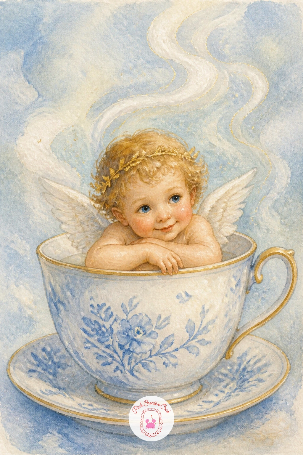 Cherub in a Teacup — Scale right down for a playful, cozy subject: a tiny cherub sitting inside an oversized teacup as though it were a bathtub, steam curling