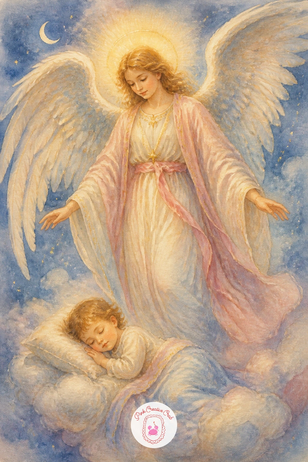 Angel Guarding a Sleeping Child — Bring a tender, more traditional scene into the mix: a full-sized angel standing watch beside a sleeping child, wings spread