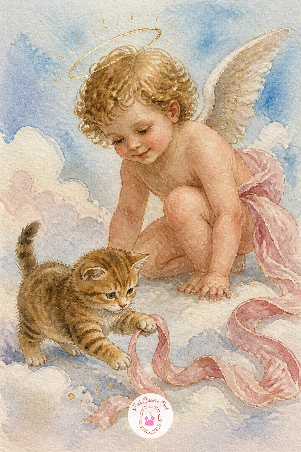 Cherub Playing with a Cat — Lighten things again after that quieter scene with a cherub reaching out to play with a small cat batting at a loose ribbon.
