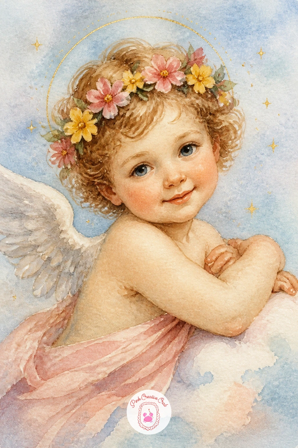 Cherub Wearing a Flower Crown — Bring the floral theme back with a cherub wearing a small crown of mixed flowers, a softer cousin to the rose bouquet painted