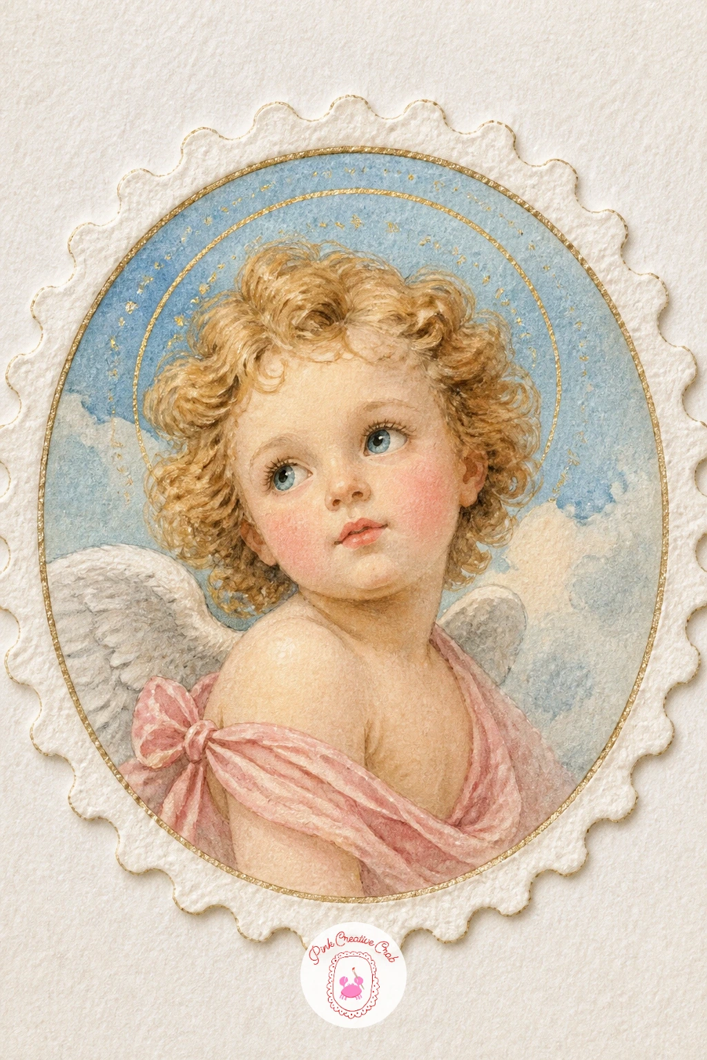 Cherub Stamp on a Letter — Scale down again for a charming miniature: a cherub painted inside a small round frame, styled like an old postage stamp complete