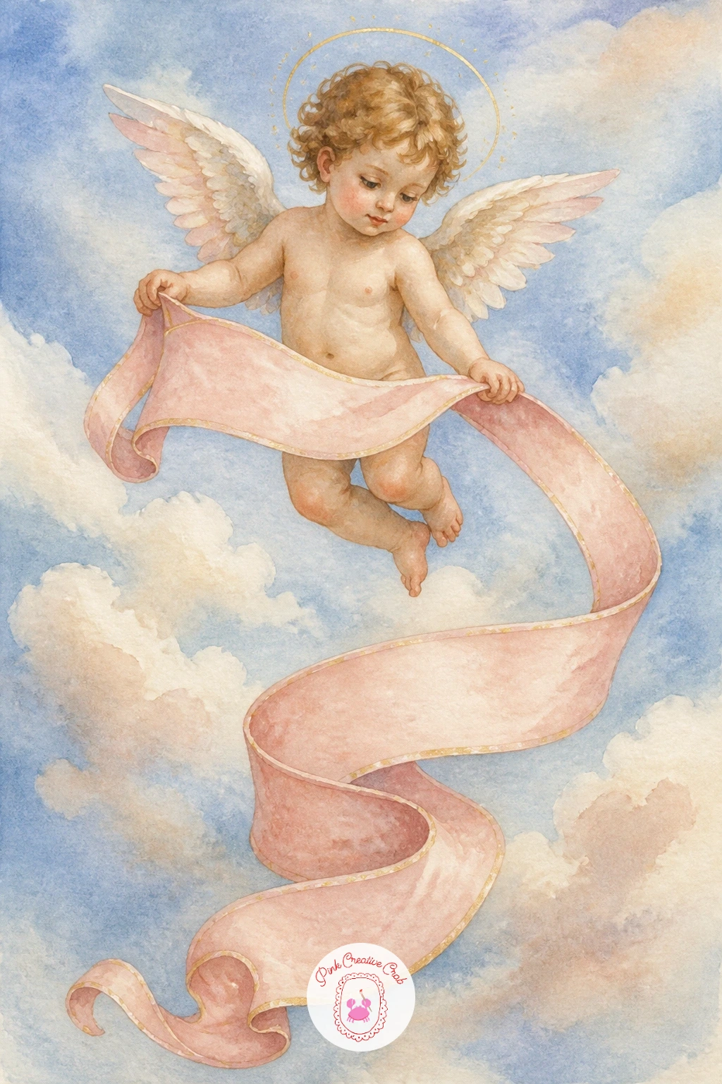Cherub with a Ribbon Banner — Return to ribbons once more, this time with a single cherub unfurling a long banner below its feet rather than passing it between
