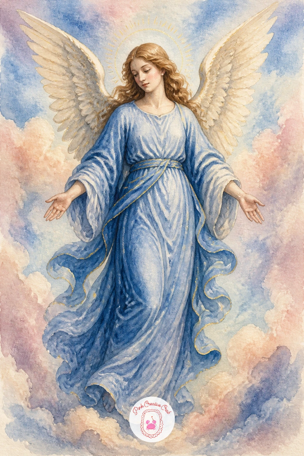 Angel in a Blue Robe — Return to a full angel figure, this time dressed in a flowing blue robe reminiscent of classic Renaissance altarpiece paintings.