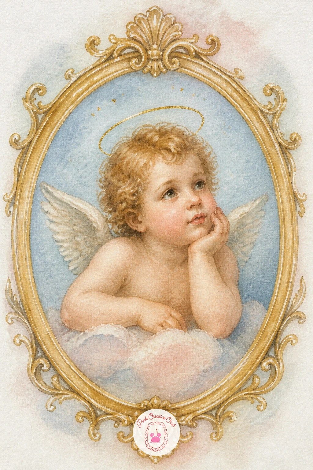 Cherub in a Gold Frame — Treat this next piece like a tiny museum portrait: a cherub painted inside an ornate oval gold frame, borders curling at the edges