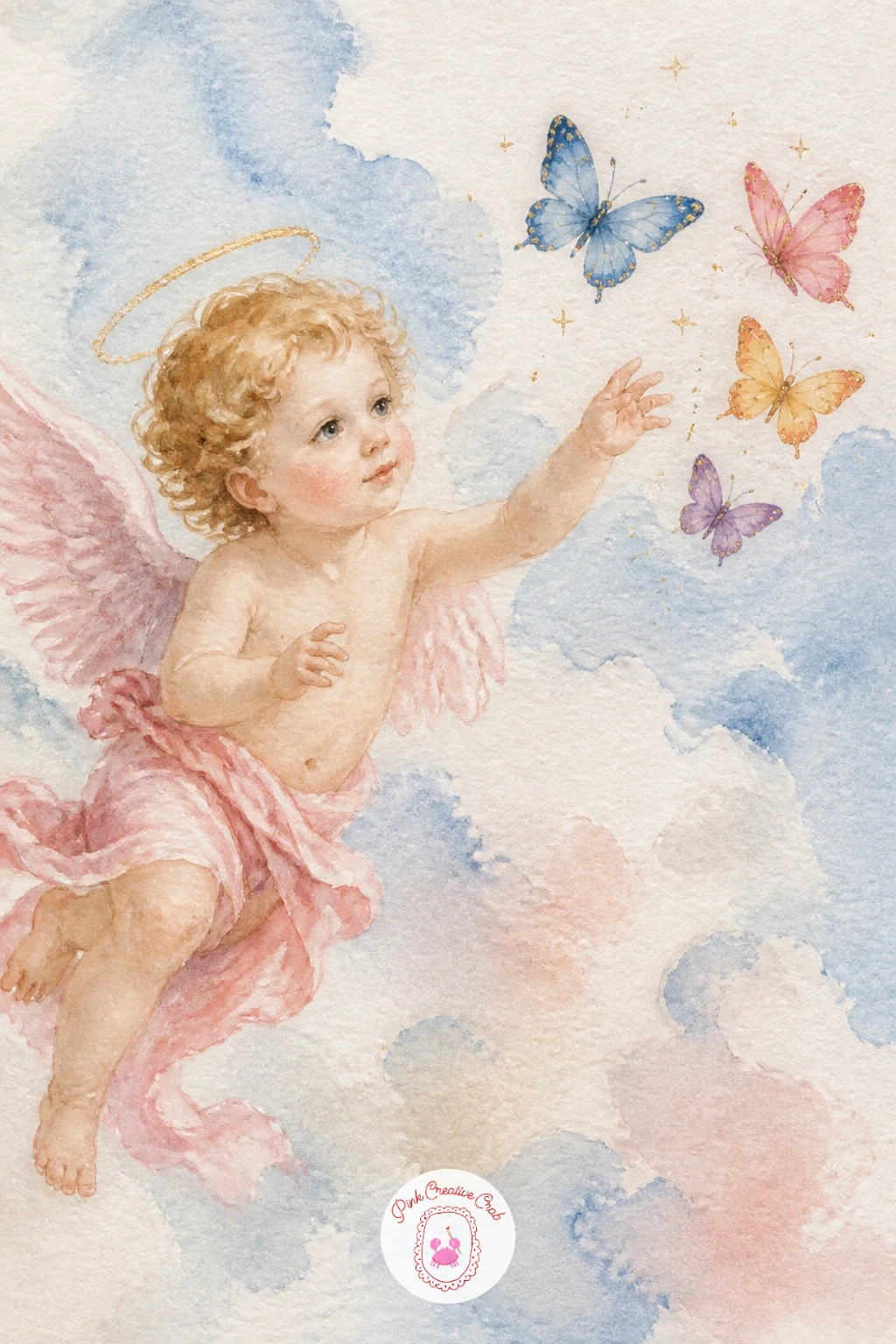 Cherub with Butterflies — Lighten the mood with a cherub reaching toward a small cluster of butterflies fluttering nearby. Watercolor angel