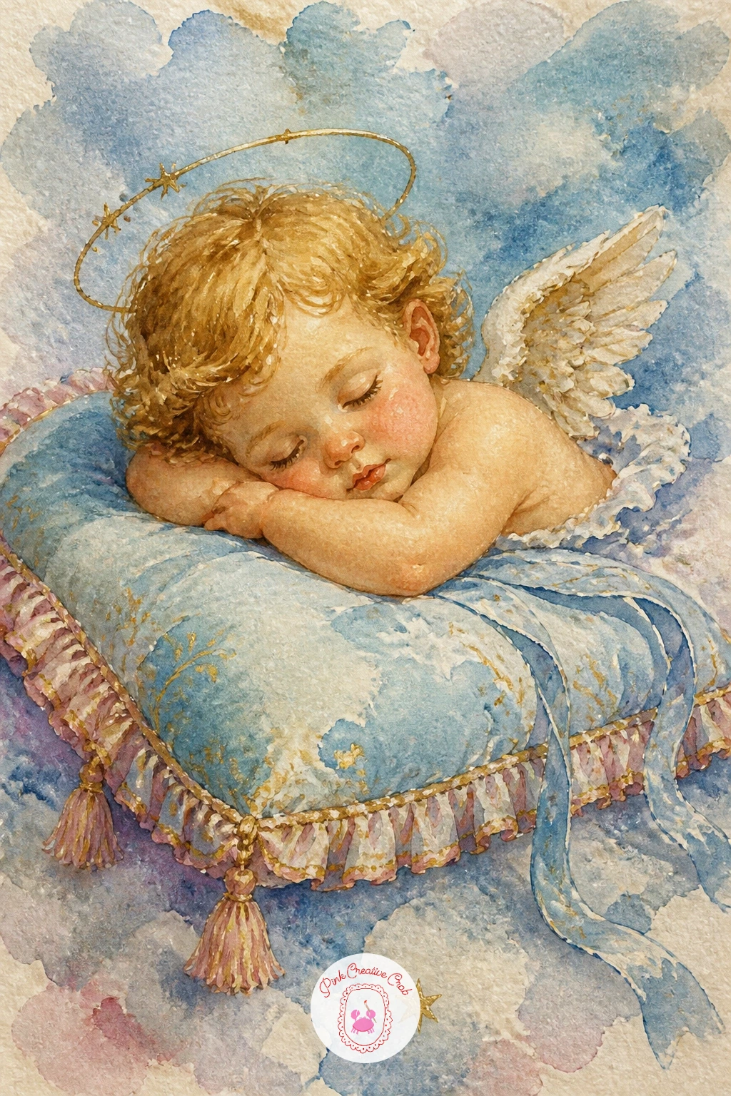Cherub Sleeping on a Pillow — Return to something quiet and restful near the end of the list: a cherub asleep on a plump decorative pillow rather than a cloud