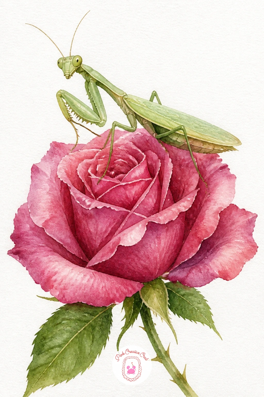 Praying Mantis on a Rose — Raise the difficulty with a praying mantis on a rose, a subject that asks for more patience with shape since the mantis has a long