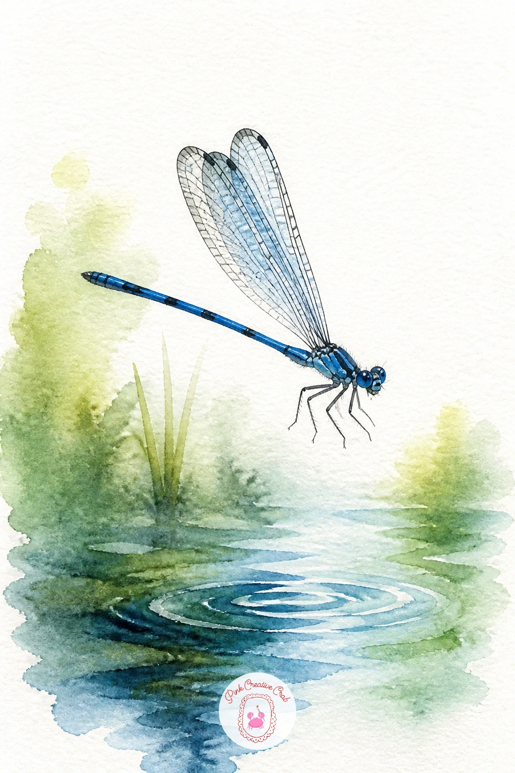 Damselfly Over Water — Come back to colour with a damselfly over water, a close cousin of the earlier dragonfly but slimmer and painted with a sense of