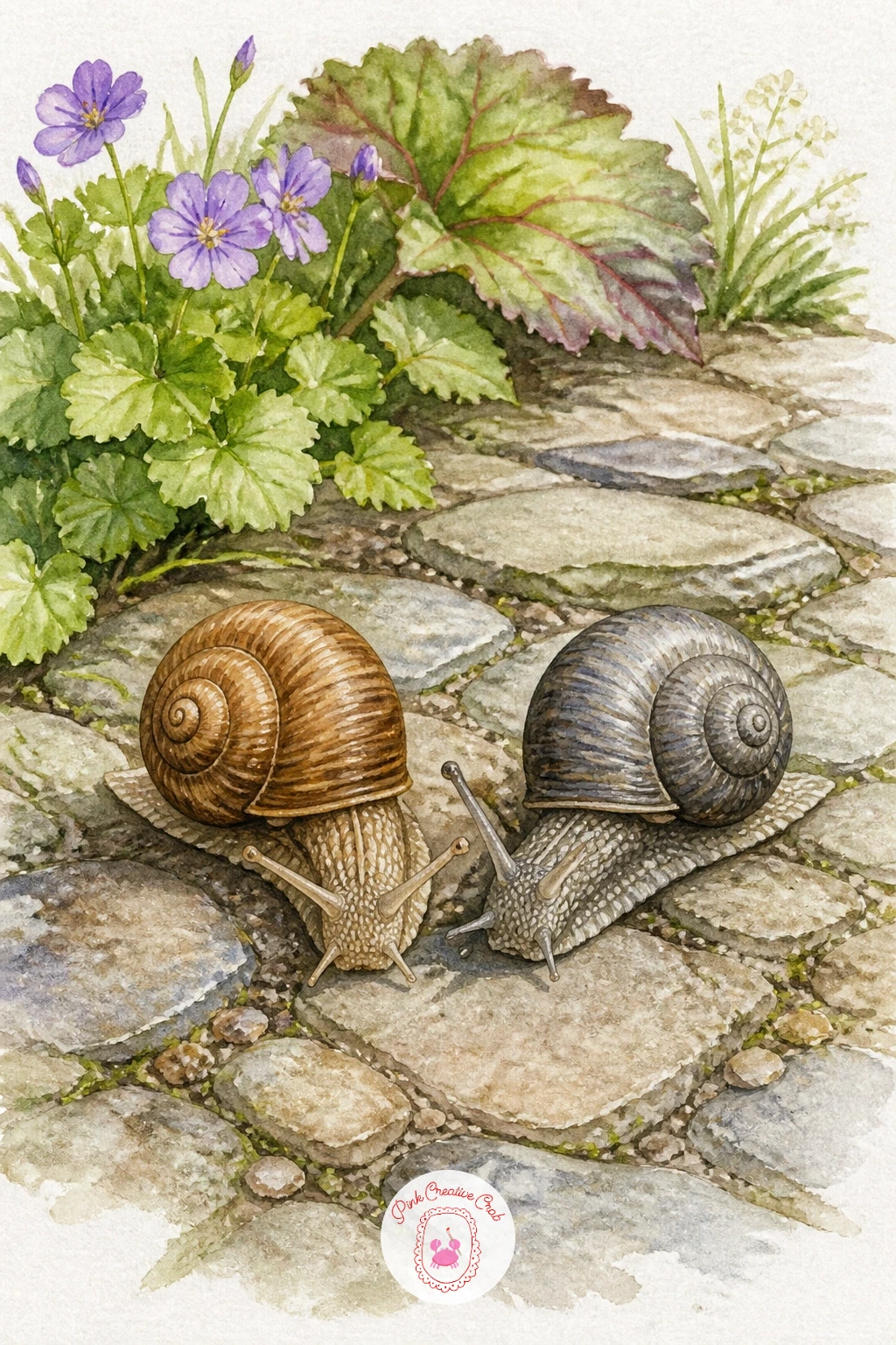 Snail Race on a Garden Path — Add some gentle humour with a snail race on a garden path, two snails side by side mid-journey along a strip of stone. Watercolor