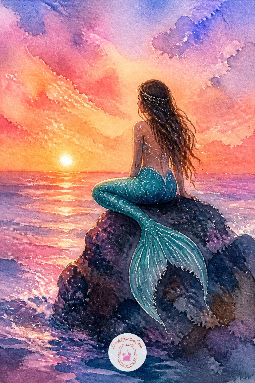 Mermaid on a Sunset Rock — Start with the easiest pose in the set: a mermaid sitting on a rock at sunset, tail curled to one side. Watercolor mermaid